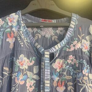 Johnny Was Floral Embroidered Blouse - Blue and Multicolor